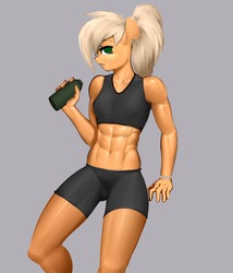 Size: 1800x2100 | Tagged: safe, artist:elzzombie, applejack, earth pony, anthro, g4, abs, alternate hairstyle, applejacked, clothes, female, looking at you, mare, muscles, ponytail, simple background, solo, sports bra, sports shorts