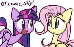 Size: 2000x1280 | Tagged: safe, artist:lilboulder, fluttershy, twilight sparkle, alicorn, pegasus, pony, g4, cute, dialogue, duo, female, horn, looking at each other, mare, open mouth, shyabetes, simple background, twiabetes, twilight sparkle (alicorn), white background, wings