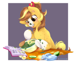 Size: 1100x900 | Tagged: safe, artist:tokokami, oc, oc only, pony, art trade, book, cucumber, egg, flour, food, solo, tongue out, warthpony