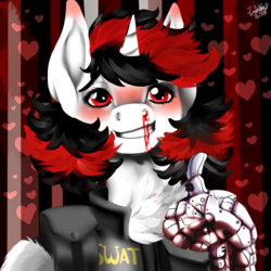 Size: 1024x1024 | Tagged: safe, artist:brainiac, oc, oc only, oc:blackjack, cyborg, fallout equestria, fallout equestria: project horizons, blood, blushing, chest fluff, female, mare, nosebleed, reaction image, solo, swat, thumbs up