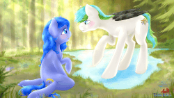 Size: 933x525 | Tagged: safe, artist:tokokami, oc, oc only, oc:looic, oc:shadow blue, earth pony, pegasus, pony, animated, commission, crepuscular rays, cute, eye contact, female, forest, kneeling, looking at each other, love, male, oc x oc, raised hoof, shadooic, shipping, straight, tree, ych result