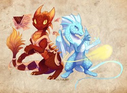 Size: 1244x913 | Tagged: safe, artist:sitaart, oc, oc only, oc:agate scale, oc:ancient tome, dragon, luminous dragon, original species, ponyfinder, blue eyes, book, clothes, crystal, dungeons and dragons, duo, female, magic, male, orange eyes, pathfinder, pen and paper rpg, rpg, scales, signature, simple background, spell