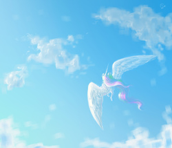 Size: 2523x2162 | Tagged: safe, artist:kimsteinandother, princess celestia, alicorn, pony, g4, cloud, female, flying, high res, rear view, sky, solo