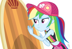 Size: 1003x686 | Tagged: safe, artist:ilaria122, gladys, rainbow dash, blue crushed, equestria girls, equestria girls series, g4, belly button, clothes, female, hat, he doesn't deserve you, midriff, multicolored hair, simple background, solo, surfboard, swimsuit, transparent background