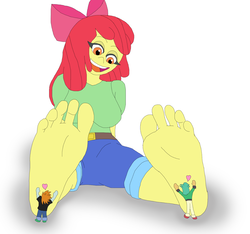 Size: 1700x1590 | Tagged: safe, artist:final7darkness, apple bloom, snails, snips, equestria girls, g4, barefoot, clothes, feet, female, fetish, foot fetish, foot focus, foot worship, giantess, macro, open mouth, simple background, white background