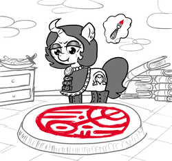 Size: 640x600 | Tagged: safe, artist:ficficponyfic, oc, oc only, oc:joyride, cyoa:the wizard of logic tower, blood, book, buckle, curved horn, cyoa, ear piercing, fangs, fruit, horn, jewelry, leather, leather boots, magic, magic circle, necklace, piercing, plate, story included, studs, summoning circle