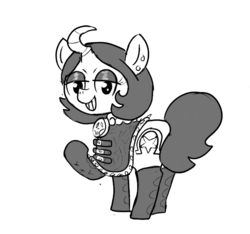 Size: 640x600 | Tagged: safe, artist:ficficponyfic, oc, oc only, oc:joyride, pony, cyoa:the wizard of logic tower, buckle, curved horn, cyoa, ear piercing, horn, jewelry, leather, leather boots, monochrome, necklace, piercing, solo, story included, studs