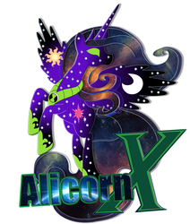 Size: 5746x6787 | Tagged: safe, artist:orochismith, derpibooru exclusive, alien, absurd resolution, advertisement, advertising, alien x, ben 10, ben 10 alien force, ben 10 omniverse, crossover, ethereal mane, fusion, galaxy mane, goddess, godtier, green eyes, implied princess celestia, implied princess luna, implied princess twilight, megaman x, omnitrix, photoshop, rearing, self promotion, typography, xk-class end-of-the-world scenario