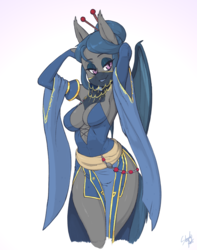 Size: 1640x2080 | Tagged: safe, artist:skecchiart, oc, oc only, oc:river rhythm, bat pony, anthro, absolute cleavage, armpits, bedroom eyes, big breasts, breasts, chopsticks, cleavage, clothes, female, hair bun, harem outfit, looking at you, mare, solo, veil, wide hips