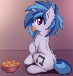 Size: 1433x1500 | Tagged: safe, artist:twiren, dj pon-3, vinyl scratch, pony, unicorn, g4, both cutie marks, cookie, cute, female, food, looking back, mare, sitting, solo, sweet dreams fuel, vinylbetes