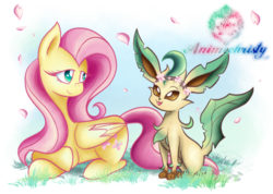 Size: 1024x731 | Tagged: safe, artist:animechristy, fluttershy, leafeon, pony, g4, crossover, cute, female, floral head wreath, flower, looking at each other, mare, pokémon, prone, shyabetes