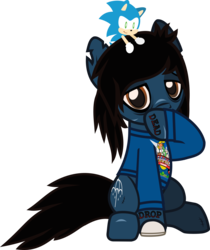 Size: 804x956 | Tagged: safe, artist:lightningbolt, derpibooru exclusive, earth pony, pony, undead, zombie, zombie pony, g4, .svg available, bags under eyes, bloodshot eyes, bone, bring me the horizon, clothes, colored pupils, covering, crossover, hair over one eye, hoof on face, lidded eyes, looking at you, male, oliver sykes, plushie, ponified, raised hoof, scar, shirt, show accurate, shy, simple background, sitting, solo, sonic the hedgehog, sonic the hedgehog (series), stallion, stitches, svg, tattoo, torn ear, transparent background, vector
