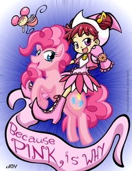 Size: 720x937 | Tagged: safe, artist:texasuberalles, pinkie pie, earth pony, fairy, human, pony, g4, banner, clothes, crossover, dodo (ojamajo doremi), doremi harukaze, dorie goodwyn, female, flying, hat, humans riding ponies, looking at you, mare, ojamajo doremi, pink, pinkest pie, riding, riding a pony, shoes, smiling, witch apprentice
