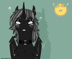 Size: 913x750 | Tagged: safe, artist:dementra369, oc, oc only, alicorn, bat pony, bat pony alicorn, pony, blind, collar, question mark, simple background, solo, teeth