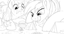 Size: 2000x1074 | Tagged: safe, artist:php187, applejack, rainbow dash, human, pony, fanfic:tales from tinies, g4, dialogue, female, fetish, giant pony, human prey, licking, licking lips, macro, monochrome, ponies eating humans, preddash, swallowing, tent, the gulper, throat bulge, tongue out, vore