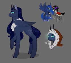Size: 2841x2524 | Tagged: safe, artist:tealflight, king sombra, princess luna, oc, alicorn, pony, g4, alicorn oc, blank flank, ethereal mane, female, gray background, high res, hood, horns, male, mare, offspring, parent:king sombra, parent:princess luna, parents:lumbra, ship:lumbra, shipping, simple background, starry mane, straight