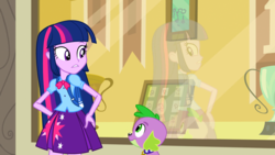 Size: 1920x1080 | Tagged: safe, screencap, spike, twilight sparkle, equestria girls, g4, my little pony equestria girls, clothes, cutie mark on clothes, reflection, skirt, trophy, twilight sparkle's skirt