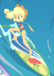 Size: 514x720 | Tagged: safe, screencap, applejack, blue crushed, equestria girls, equestria girls series, g4, barefoot, clothes, cropped, feet, female, midriff, solo, surfboard, surfing, swimsuit