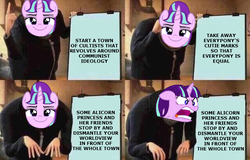 Size: 680x436 | Tagged: safe, starlight glimmer, g4, my little pony: friendship is magic, the cutie map, despicable me, discussion in the comments, exploitable meme, gru's plan, meme, quiet, ragelight glimmer