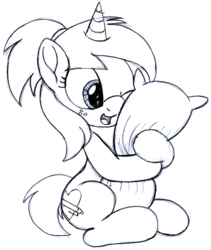 Size: 2532x3000 | Tagged: safe, artist:an-tonio, oc, oc only, oc:silver draw, pony, unicorn, freckles, high res, hug, monochrome, one eye closed, pillow, pillow hug, sketch, solo