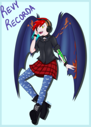 Size: 4667x6500 | Tagged: safe, artist:vnagato, oc, oc only, oc:revy recorda, bat pony, human, absurd resolution, bat pony oc, boots, clothes, digital art, female, headphones, humanized, humanized oc, jacket, leather jacket, pantyhose, plaid, plaid skirt, request, shoes, simple background, skirt, solo, tattoo, winged humanization, wings