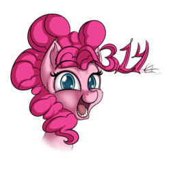 Size: 800x800 | Tagged: safe, artist:calena, pinkie pie, earth pony, pony, female, looking at you, mare, name pun, numbers, open mouth, pi, pi day, pinkie being pinkie, pinkie physics, pinkie pi, ponk, pun, simple background, solo, transparent background, visual pun
