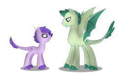 Size: 1024x614 | Tagged: safe, artist:kianamai, artist:mishti14, color edit, edit, oc, oc only, oc:crystal clarity, oc:turquoise blitz, dracony, hybrid, kilalaverse, angry, brother and sister, colored, duo, fanart, fanfic, fanfic art, female, interspecies offspring, male, next generation, offspring, parent:rarity, parent:spike, parents:sparity, simple background, smiling, transparent background