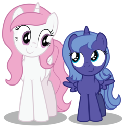 Size: 2556x2612 | Tagged: safe, artist:aleximusprime, princess celestia, princess luna, alicorn, pony, g4, cewestia, duo, female, filly, high res, pink-mane celestia, s1 luna, simple background, sisters, transparent background, woona, younger