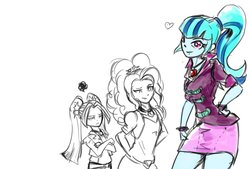 Size: 2039x1377 | Tagged: safe, artist:oberon826, adagio dazzle, aria blaze, sonata dusk, equestria girls, g4, arm behind back, clothes, crossed arms, female, looking at you, pigtails, ponytail, simple background, skirt, trio, twintails, white background