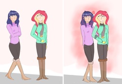 Size: 1836x1280 | Tagged: safe, artist:rickless-artist, sunset shimmer, twilight sparkle, human, g4, blushing, clothes, female, heart, human coloration, humanized, lesbian, looking at each other, ship:sunsetsparkle, shipping, sweater
