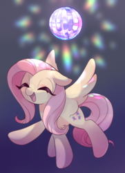 Size: 724x1000 | Tagged: dead source, safe, artist:lemonheart, fluttershy, pegasus, pony, g4, cute, dancing, disco ball, eyes closed, female, mare, open mouth, open smile, shyabetes, smiling, solo, spread wings, wings
