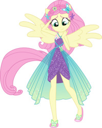 Size: 1589x2000 | Tagged: safe, artist:whalepornoz, fluttershy, human, equestria girls, equestria girls specials, g4, my little pony equestria girls: better together, my little pony equestria girls: forgotten friendship, alternate hairstyle, bare shoulders, clothes, cute, dress, eyeshadow, female, flower, flower in hair, grin, halterneck, looking at self, looking down, makeup, ponied up, shoes, simple background, skirt, sleeveless, smiling, solo, super ponied up, transparent background, vector, wings