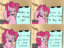 Size: 1600x1200 | Tagged: safe, artist:phat_guy, derpibooru exclusive, pinkie pie, earth pony, pony, g4, bipedal, comic, confused, despicable me, english, exploitable meme, female, flipchart, floppy ears, grin, gru's plan, looking at you, mare, meme, parody, plan, raised arm, raised hoof, raised leg, smiling, solo, text