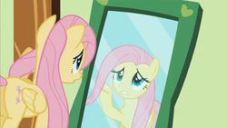 Size: 1280x720 | Tagged: safe, screencap, fluttershy, pegasus, pony, a bird in the hoof, g4, female, mare, mirror, solo