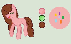 Size: 852x520 | Tagged: safe, artist:princessunicorn123, oc, oc only, oc:strawberry cake, earth pony, pony, base used, eyes closed, female, green background, mare, offspring, parent:cheese sandwich, parent:pinkie pie, parents:cheesepie, reference sheet, simple background, solo