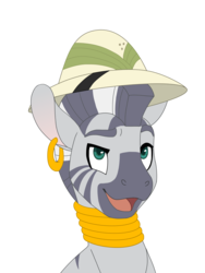 Size: 1800x2400 | Tagged: safe, artist:jackiebloom, zecora, pony, zebra, g4, bust, female, hat, implied daring do, looking up, mare, open mouth, pith helmet, raised eyebrow, simple background, sitting, smiling, smirk, solo, transparent background