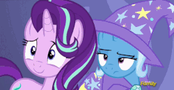 Size: 540x280 | Tagged: safe, screencap, starlight glimmer, trixie, pony, unicorn, celestial advice, g4, season 7, animated, annoyed, cape, clothes, discovery family logo, duo, duo female, eyeroll, female, frown, gif, giggling, hat, laughing, lip bite, magician, magician outfit, mare, nervous, nervous laugh, trixie is not amused, trixie's cape, trixie's hat, unamused