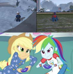 Size: 796x809 | Tagged: safe, applejack, rainbow dash, equestria girls, g4, applejack and rainbow dash playing, clothes, exploitable meme, lego, lego marvel superheroes 2, meme, onesie, pajamas, rawhide kid, snow, spiderman 2099