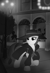 Size: 2466x3605 | Tagged: safe, artist:edcom02, artist:jmkplover, rarity, g4, rarity investigates, black and white, clothes, coat, detective rarity, grayscale, hat, high res, monochrome, noir