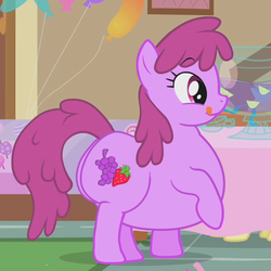 Size: 546x546 | Tagged: safe, artist:secretgoombaman12345, edit, edited screencap, screencap, berry punch, berryshine, earth pony, pony, call of the cutie, g4, background pony, belly, big belly, butt, explicit source, fat, fat edit, female, large butt, licking, licking lips, party, plot, punch (drink), punch bowl, solo, tongue out