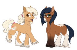 Size: 3713x2457 | Tagged: safe, artist:askbubblelee, oc, oc only, oc:hazel nutt, oc:macadamia nutt, earth pony, pony, female, high res, mare, music notes, siblings, simple background, sisters, smiling, transparent background, twins, unshorn fetlocks