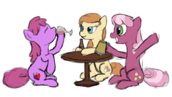 Size: 1928x1088 | Tagged: safe, artist:bill-the-pony, berry punch, berryshine, cheerilee, oc, oc:cream heart, pony, g4, alcohol, cider, colored sketch, drunk, go home you're drunk, mug, simple background, sitting, table, tankard, white background, wine