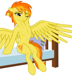 Size: 2978x3141 | Tagged: safe, artist:grypher, derpibooru exclusive, spitfire, semi-anthro, g4, alternate hairstyle, armpits, bed, belly button, female, high res, looking at you, missing accessory, pillow, simple background, sitting, solo, stretching, vector, white background