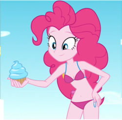 Size: 1165x1150 | Tagged: safe, edit, edited screencap, screencap, pinkie pie, equestria girls, equestria girls specials, g4, my little pony equestria girls: better together, my little pony equestria girls: forgotten friendship, belly button, bikini, breast edit, breasts, cleavage, clothes, cupcake, female, food, midriff, sexy, solo, swimsuit, swimsuit edit