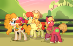 Size: 1816x1149 | Tagged: safe, artist:doraeartdreams-aspy, apple bloom, applejack, big macintosh, bright mac, pear butter, earth pony, pony, g4, apple family, baby, baby apple bloom, baby pony, blushing, female, fence, filly, filly applejack, younger