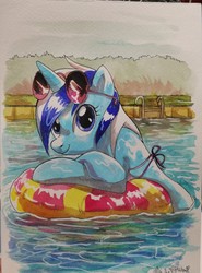 Size: 1132x1528 | Tagged: safe, artist:yulyeen, minuette, pony, unicorn, semi-anthro, g4, bikini, clothes, female, floaty, glasses, looking at you, mare, smiling, solo, sunglasses, swimming pool, swimsuit, traditional art, wet, wet mane