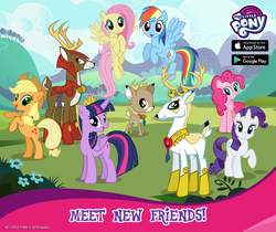 Size: 940x788 | Tagged: safe, gameloft, idw, applejack, blackthorn, bramble, fluttershy, king aspen, pinkie pie, rainbow dash, rarity, twilight sparkle, alicorn, deer, earth pony, fawn, pegasus, pony, unicorn, g4, official, female, happy, idw showified, majestic, mane six, mare, my little pony logo, open mouth, rearing, smiling, stag, twilight sparkle (alicorn)