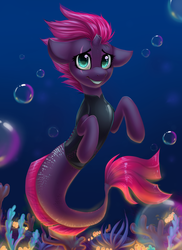 Size: 1024x1408 | Tagged: dead source, safe, artist:freckleplant, fizzlepop berrytwist, tempest shadow, mermaid, merpony, seapony (g4), g4, my little pony: the movie, broken horn, eye scar, female, grin, horn, looking at you, mermaidized, scar, seaponified, seapony tempest shadow, smiling, solo, species swap, underwater, ych result