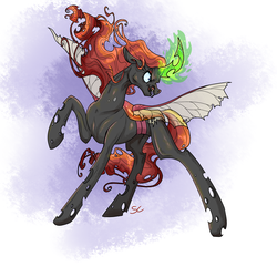 Size: 2000x2000 | Tagged: safe, artist:sourcherry, oc, oc only, changeling, changeling queen, changeling oc, changeling queen oc, female, glowing horn, high res, horn, long mane, magic, magic aura, mutant manual, orange changeling, smiling, snarling, solo