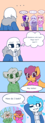 Size: 2124x5710 | Tagged: safe, artist:synnibear03, scootaloo, oc, oc:fano, oc:ponytale scootaloo, oc:susan, anthro, comic:ponytale, g4, canon x oc, crossover, crossover shipping, female, male, sans (undertale), scootasans, shipping, straight, susans, undertale